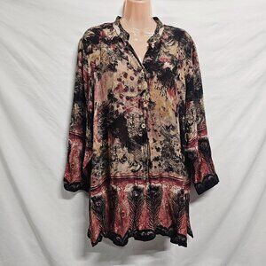 Citron Santa Monica Women Silk Top Blouse Shirt Size 1X Button Up Sequins L/Sl